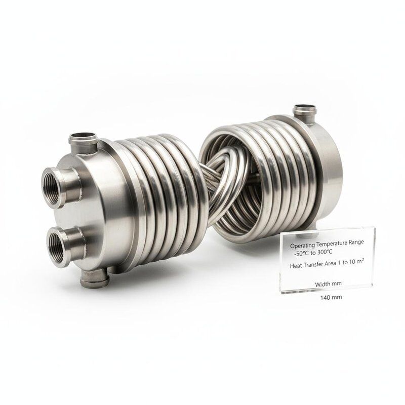 -50°C ~ 300°C의 작동 온도 범위와 압축된 140mm 너비의 1 ~ 10 평방 미터의 열 전달 영역과 동축 열 교환기